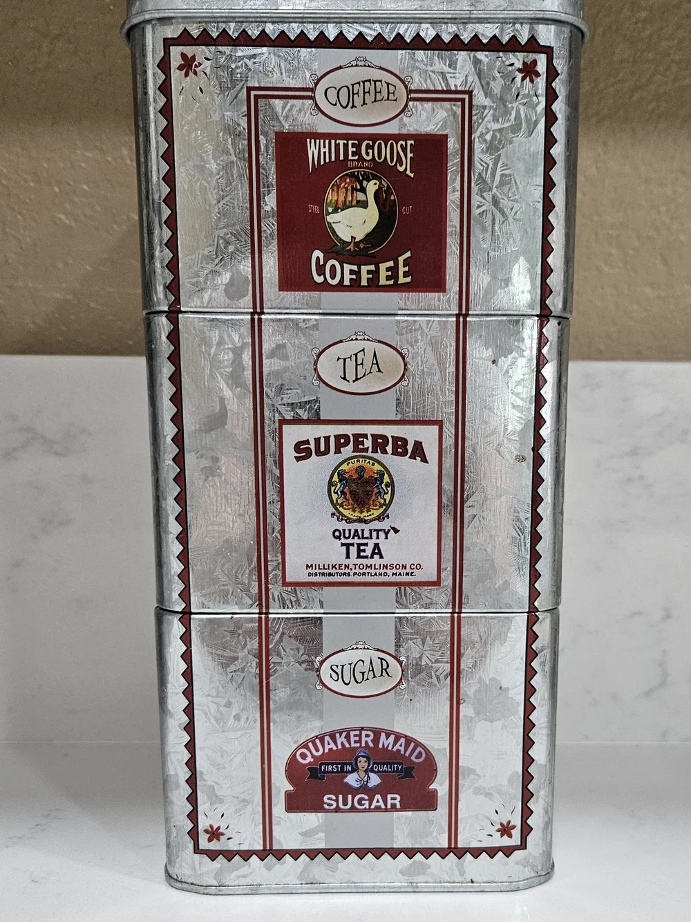 White Goose Coffee, Tea & Sugar Canister Set - Silver & Red